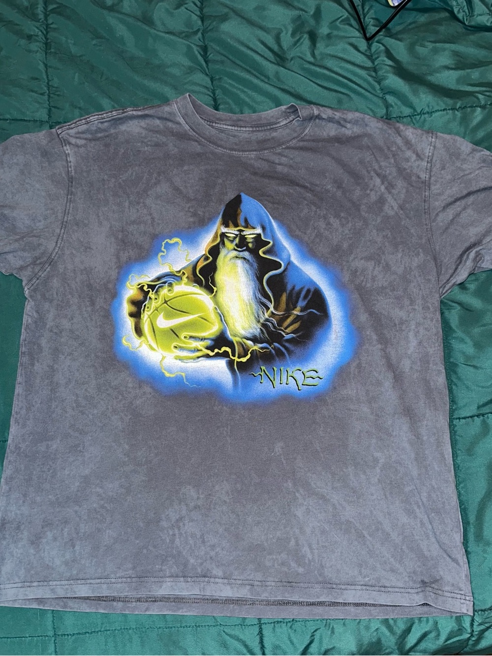 Nike Gray T-Shirt with Neon Yellow & Blue Wizard Graphic